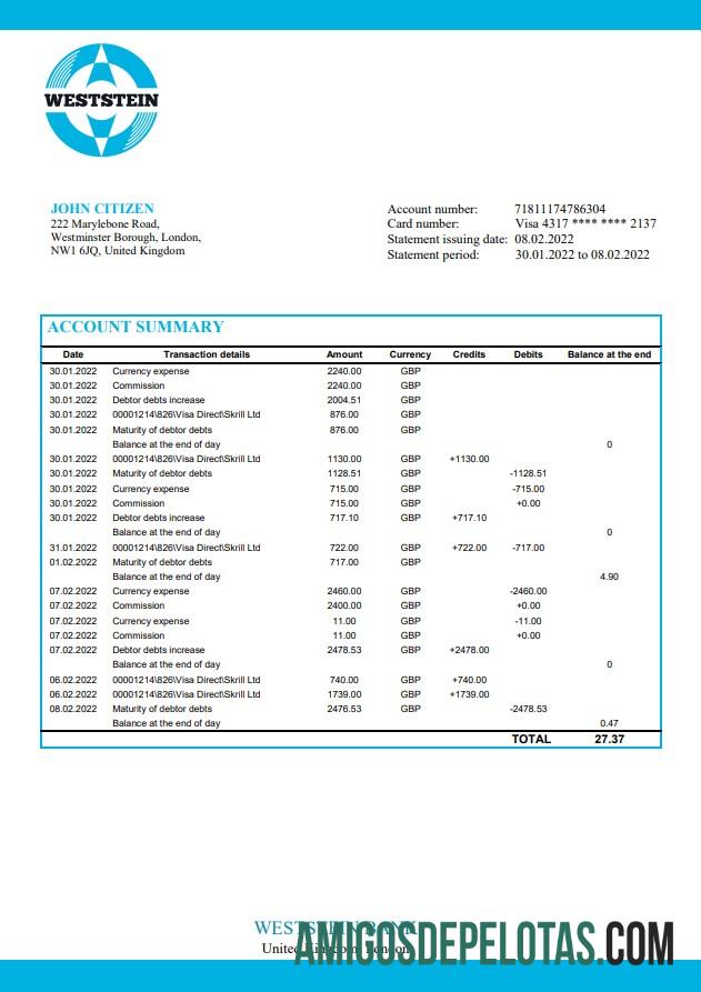Exemplo de palavra do Weststein Bank do Reino Unido